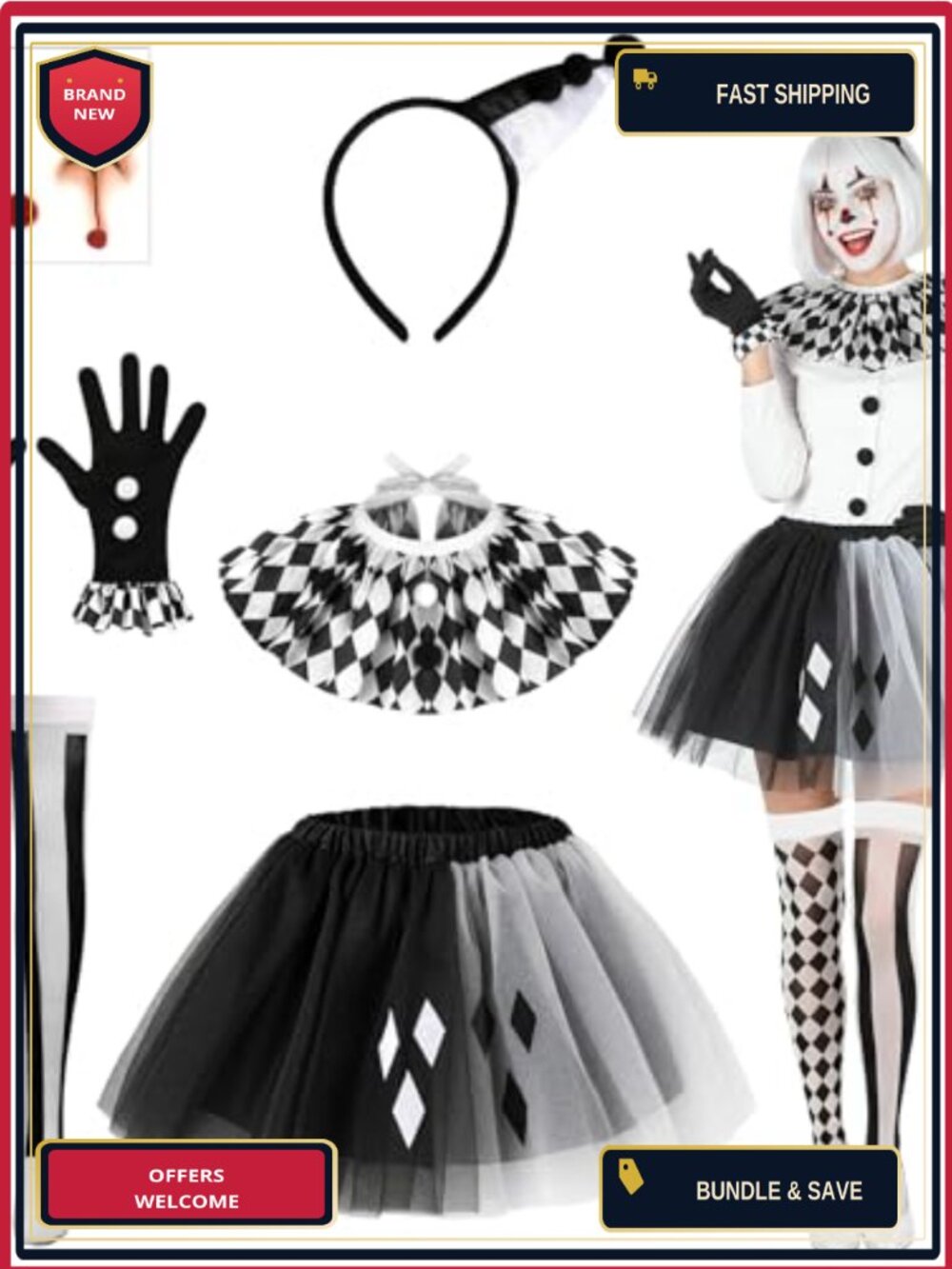 Clown Costume Accessory Set Headband Collar Tattoos Gloves Tutu Socks